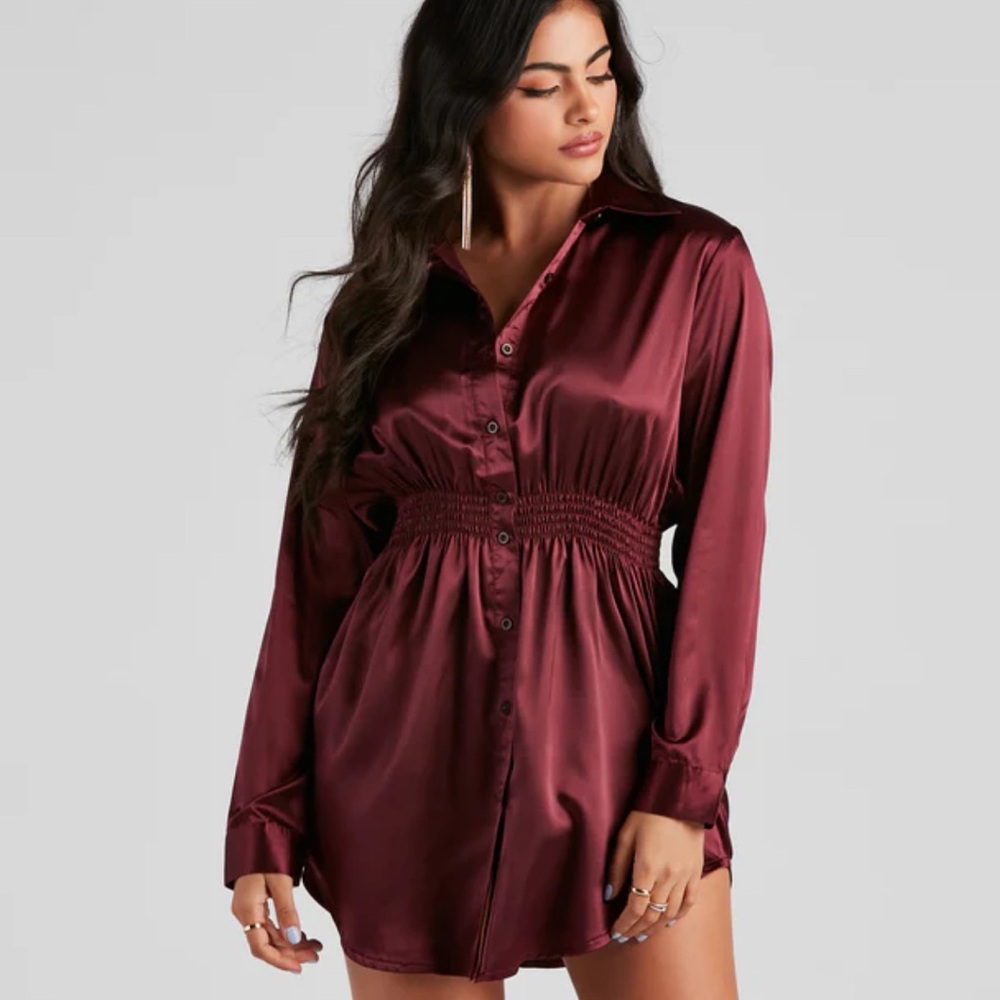 Elegant Burgundy Satin Shirt Dress Windsor S New w Tag long sleeves